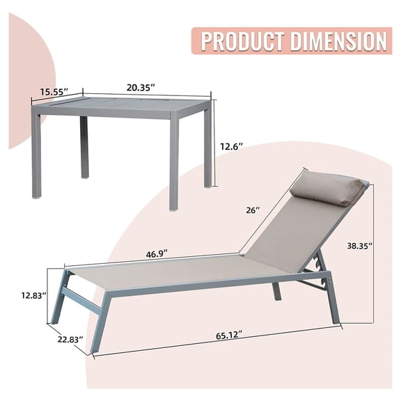 3 Pieces Aluminum Textilene Chaise Lounge Set with Side Table Outdoor,Adjustable Back