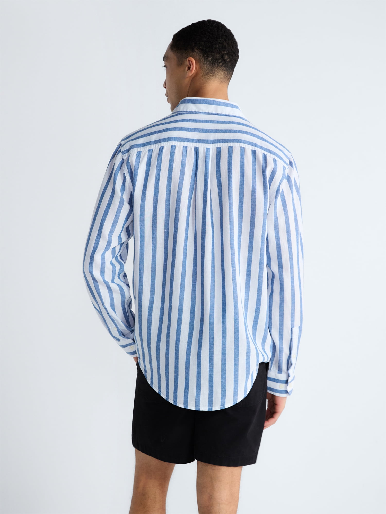 Free Assembly Men's Striped Linen Blend Button Front Shirt with Long Sleeves, Sizes XS-3XL