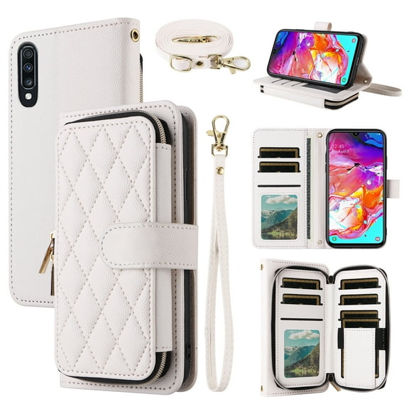 Dswteny Argyle Wallet Case for Samsung Galaxy A70 with Wrist Strap Shoulder Strap, Zipper Purse Luxury PU Leather Flip Credit Card Holder Stand Cell Phone Cover for A70S A 70 70A S70 Girls White