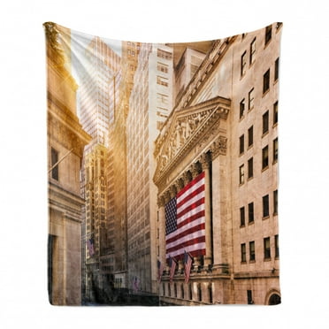 United States Soft Flannel Fleece Blanket, Famous Wall Street Building New York Stock Exchange with Flags Urban, Cozy Plush for Indoor and Outdoor Use, 50" x 70", Sand Brown Navy Red, by Ambesonne