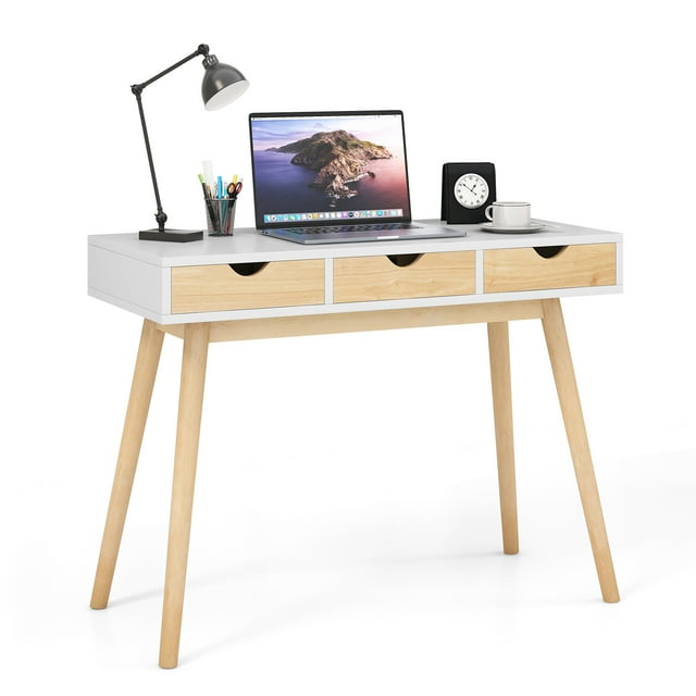 Patiojoy Computer Desk with Storage 40" Wood Modern Writing Desk with 3 Drawers Rubber Wood Legs Computer Desk Study Desk