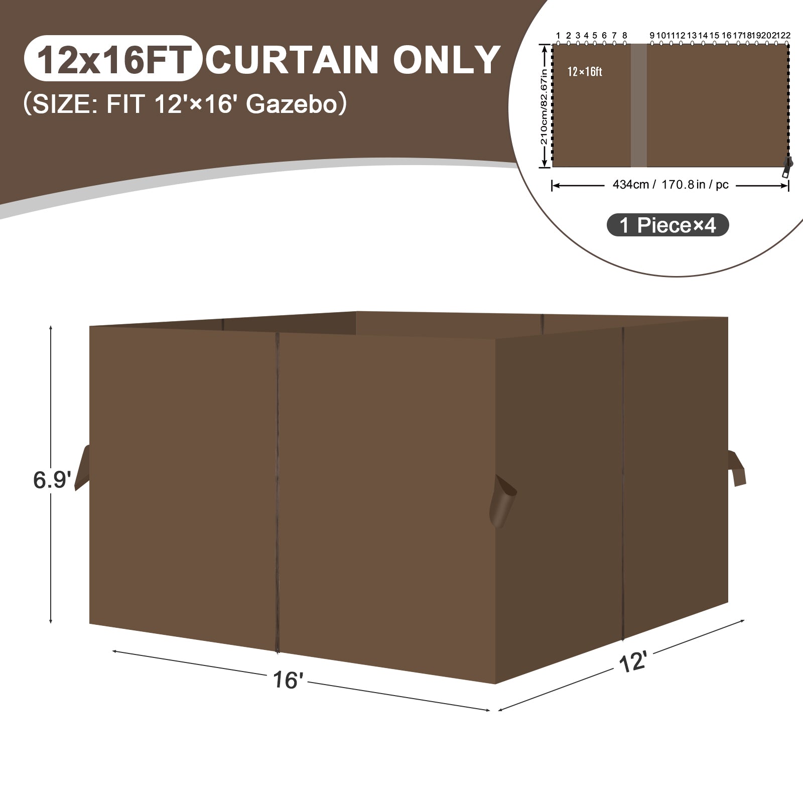 Aoodor 12' x 16' Gazebo Curtain Set Protecting Privacy Side Walls 4 Panels, Curtain Only - Brown