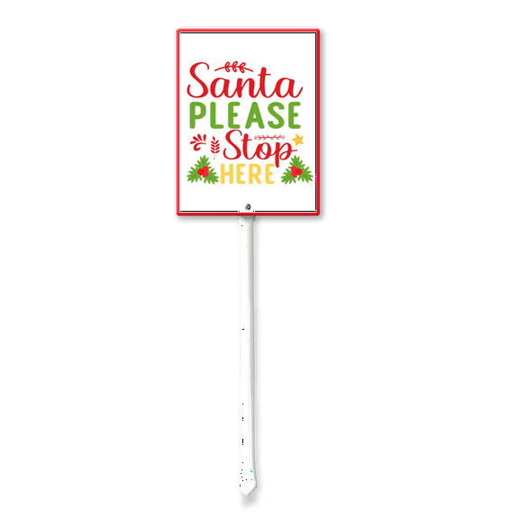 Eveokoki 8x12Inch Christmas Direction Sign Yard Stake, Santa Please Stop Here Garden Stake Wall Ornament Decor for Lawn Outdoor Holiday Decorations Outdoor Display