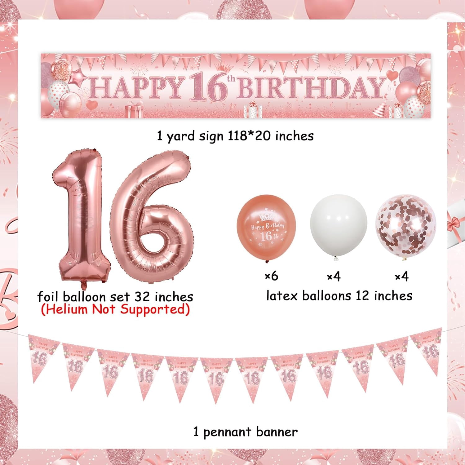 Rose Gold 16th Birthday Decorations Girl, sweet 16 Birthday Yard Sign Banner, Triangle Flags and Latex Printed Confetti Balloons, 16 Years Old Sixteen Birthday Party House Garden Supplies