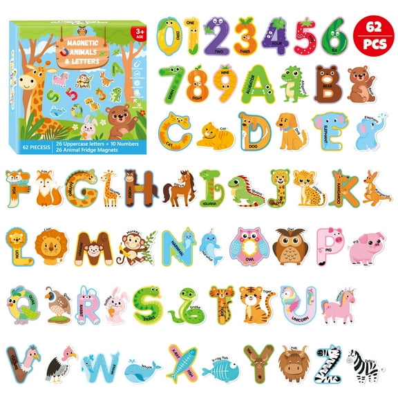 Yiomxhi 62PCS Fridge Magnets for Kids – 10 Numbers & 26 Uppercase letters & 26  Animal Fridge Magnets, for Toddlers Preschool Fun Educational Learning