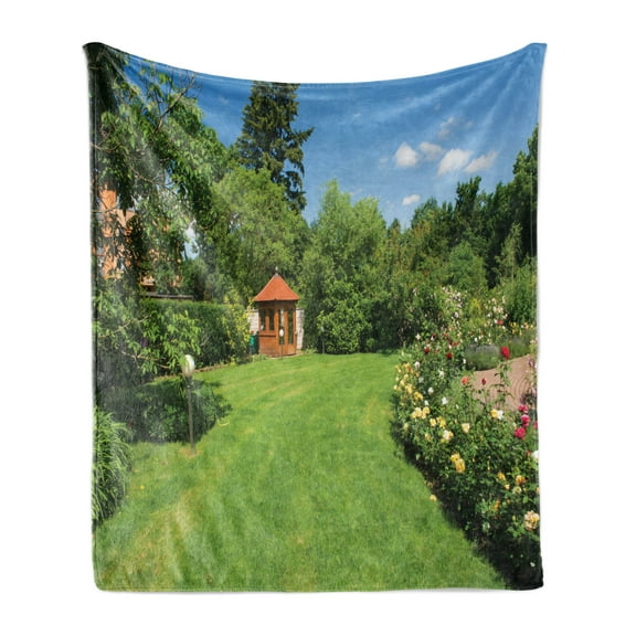 Garden Soft Flannel Fleece Throw Blanket, Peaceful Countryside Landscape with Blooming Roses Brick Path and a Small Gazebo, Cozy Plush for Indoor and Outdoor Use, 70" x 90", Multicolor, by Ambesonne