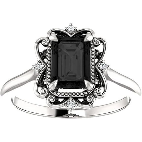 Dreamofdazzles Jewels 14K White Gold Plated 2.50 Ct Emerald Cut Black Diamond Wedding Engagement Thanksgiving Christmas Vintage Halo Ring 925 Sterling Silver For Women's -4.5