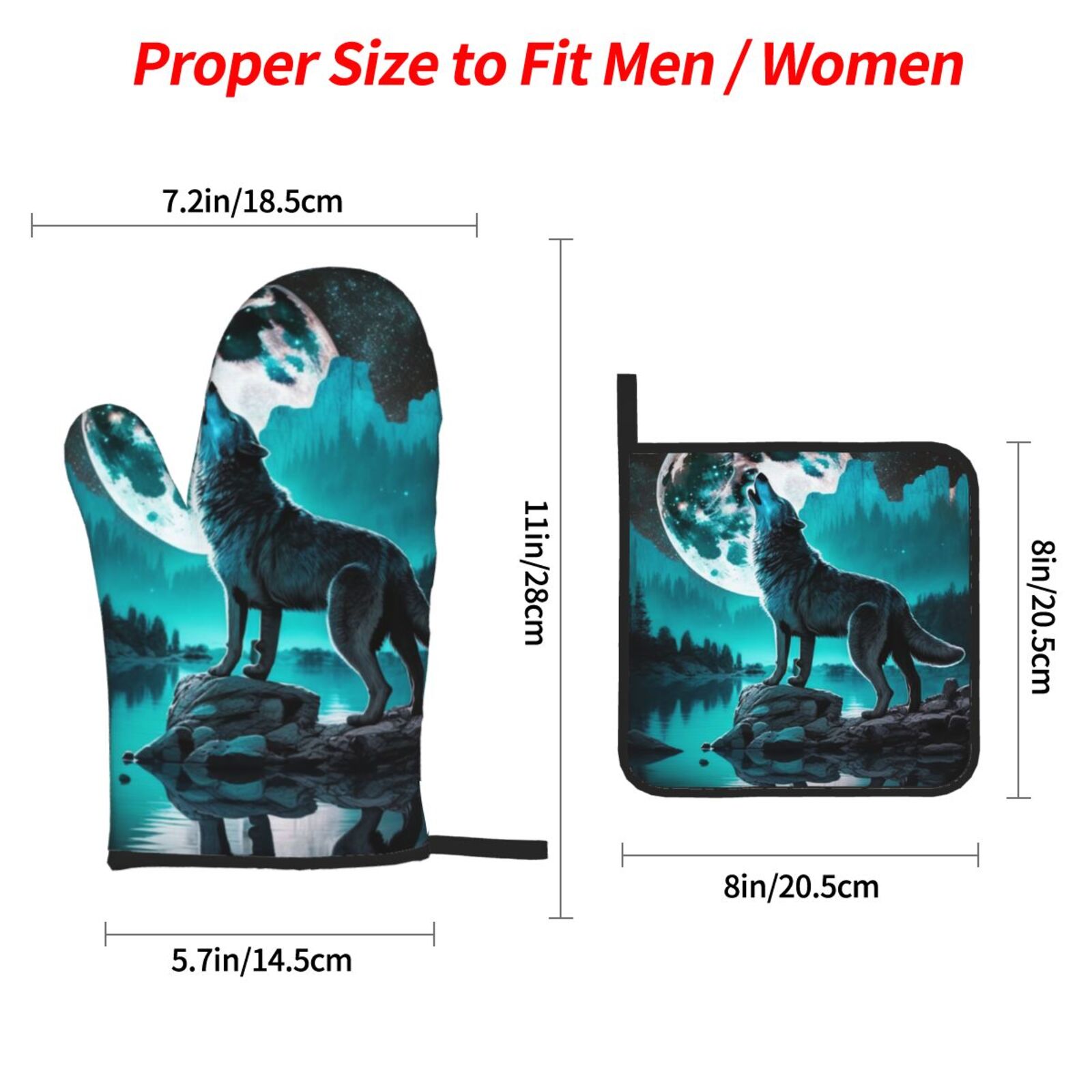 Wolf Howling River Night Moon Cool 4Pcs Oven Mitts and Pot Holders Sets Oven Kitchen Gloves Hot Pads for Cooking BBQ Baking Grilling
