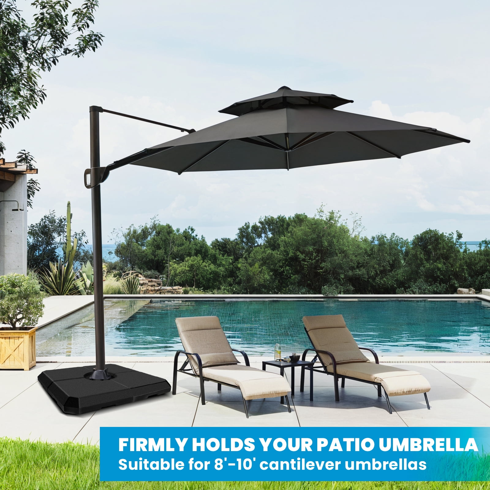 4Pcs 353 lbs Cantilever Offset Patio Umbrella Base, Water & Sand Filled Heavy Duty Outdoor Umbrella Base, Square Umbrella Base Plate Set with Easy-Fill Spouts, Black
