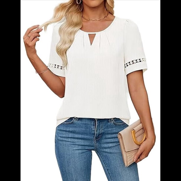 Camisa Elegante de Corta con Encaje de Color Liso y Mangas Huecas para Mujer, , Talla L