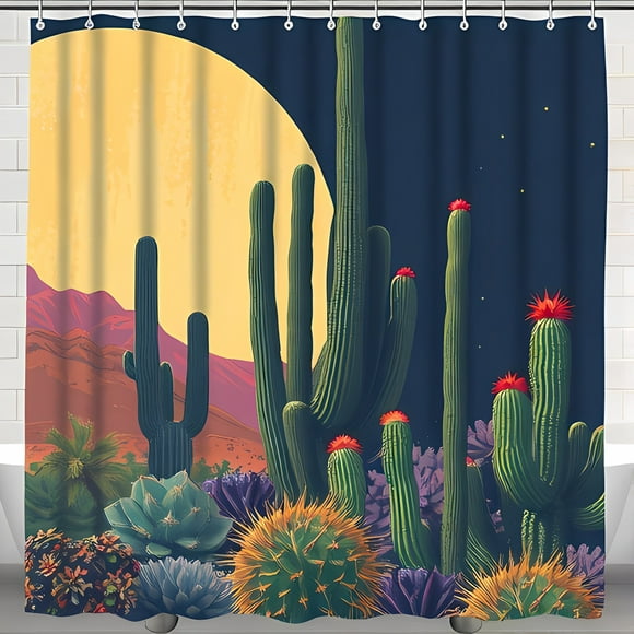 Vibrant Southwestern Desert Shower Curtain with Saguaro Cacti & Yellow Moon - Vintage Style Home Decor
