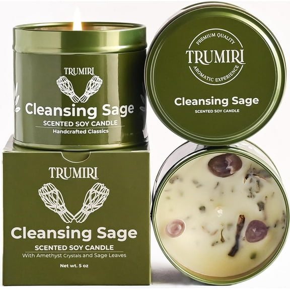 Sage Candle for Cleansing House Negative Energy and Protection Smudge Kit - 5 oz Soy Wax Natural Clean Organic Non Toxic - Velas de Olor para el Hogar - Long Lasting - Highly Scented