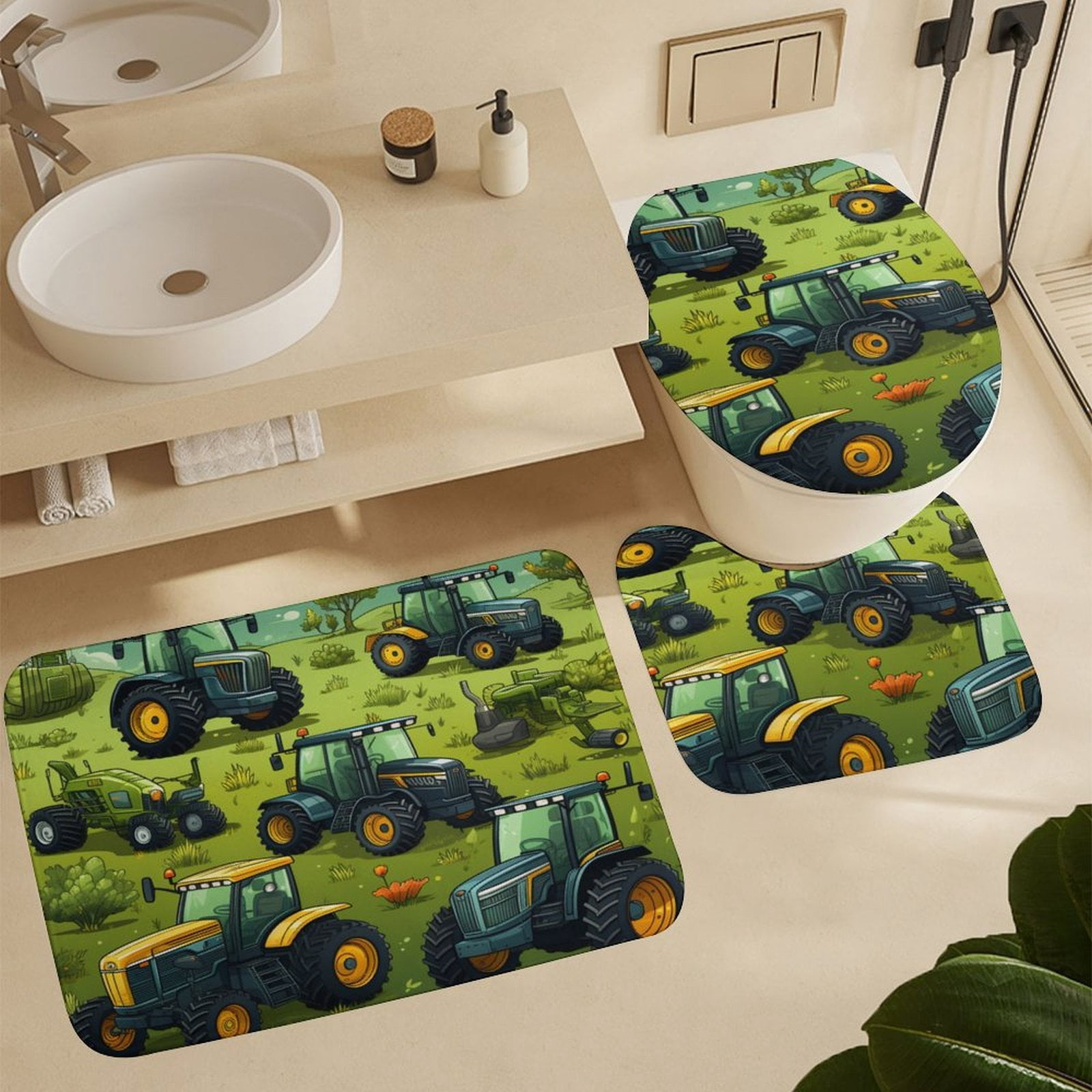 Shower Curtain 4 Piece Set Green Tractors Pattern Non-Slip Rugs And Toilet Mat Lid Rug Accessories Equipment Trucks Bathroom Decor Set with Accessories for Bathtub Decor 72inch X 72inch