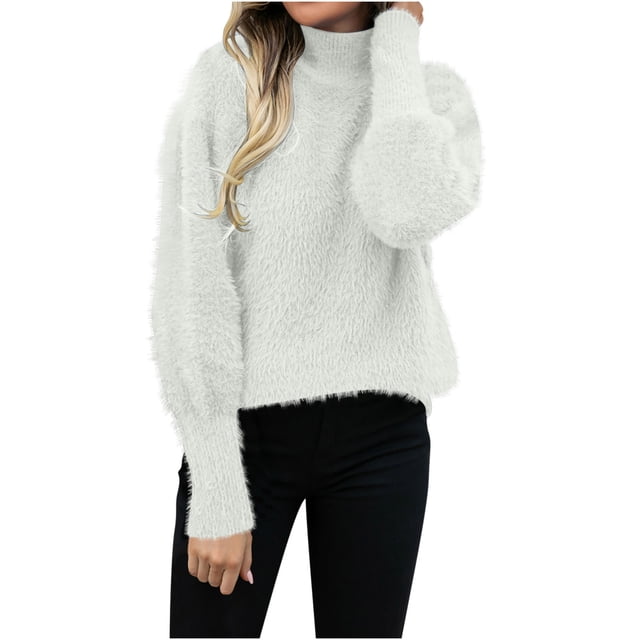 Chandail Oversize Col Rond pour Femmes Pulls Oversize Col Roulé Pulls Moelleux Tendance Décontracté Col Haut Manches Longues Chandail Tops S-17 Blanc m