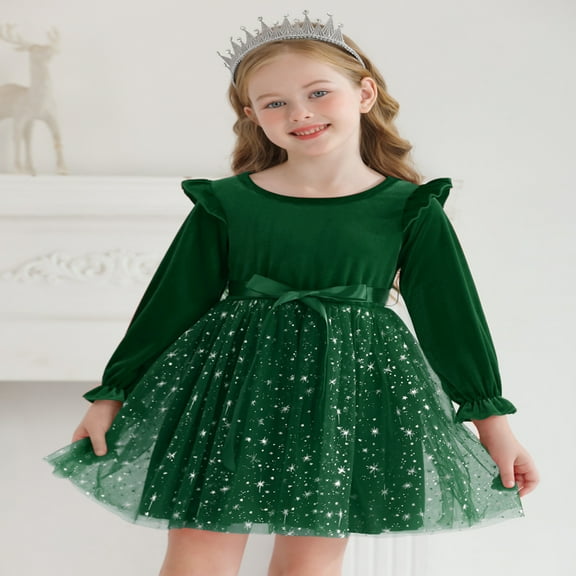 Usaibhir Toddler Baby Girls Christmas Princess Dress Outfits Kids Casual Long Sleeve Special Occasion Ruffle Dresses Mesh Tulle Sundress Tutu Skirt For Birthday Party Wedding Holiday 2-7Y
