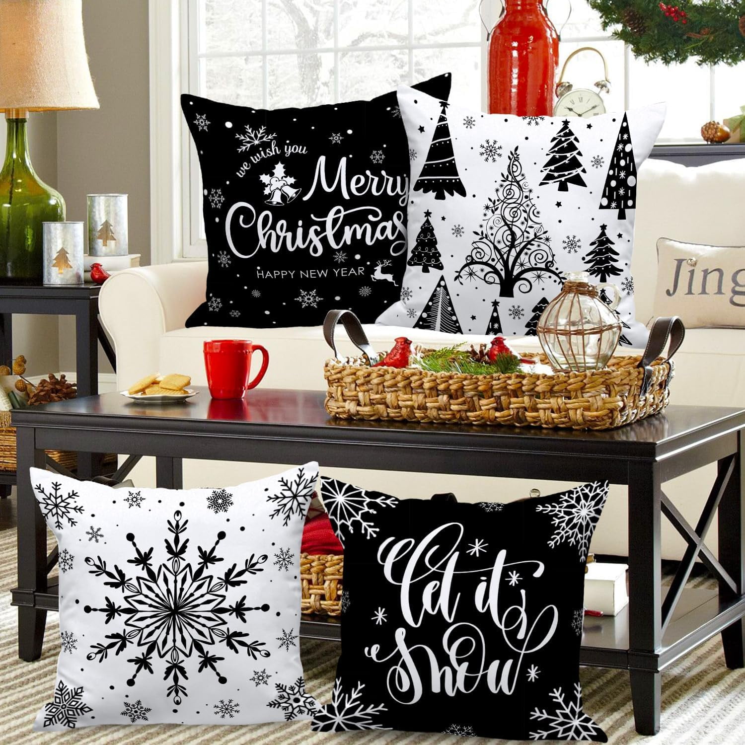 Christmas Throw Pillow Covers 16x16 4 pcs, Black White Merry Christmas Xmas Winter Snowflake Decorative Holiday Cushion Pillow Cases 16 x 16 Indoor Farmhouse Home Room Couch Sofa Decor