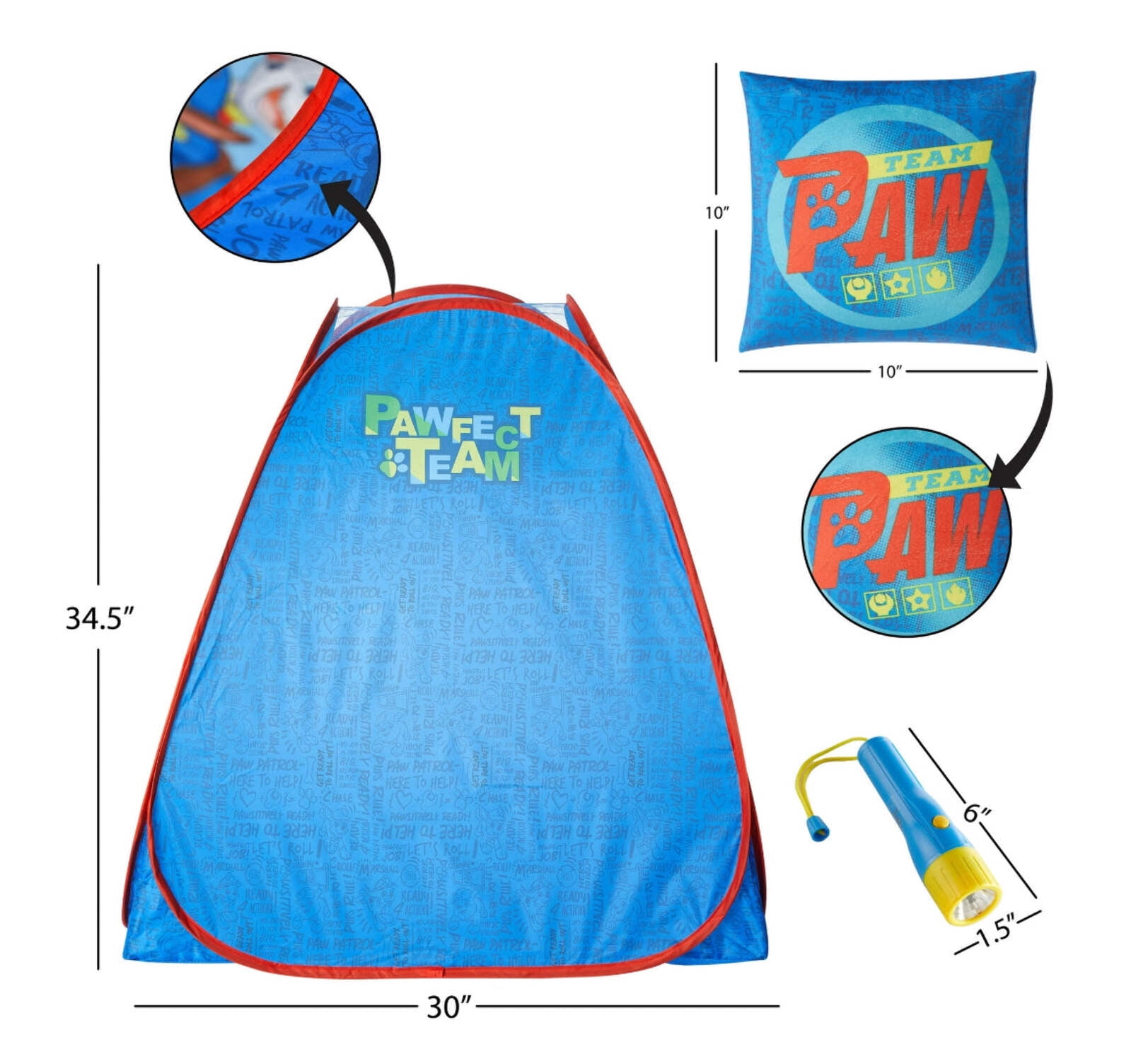 Paw Patrol 3pc Tent Set with Pillow and Flashlight, Blue/Red, Unisex, Toddler