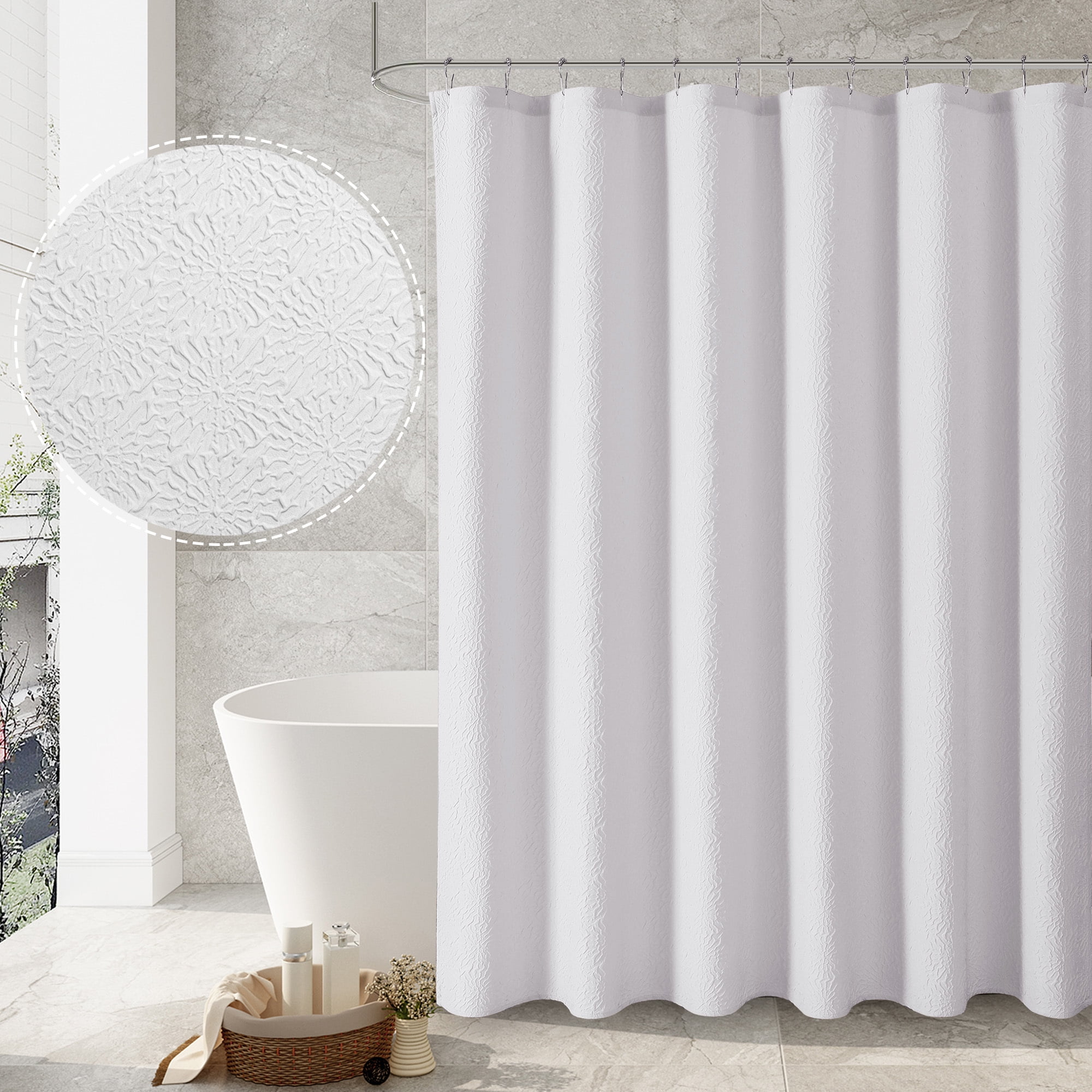 OVZME White Floral Shower Curtain 3D Embossed Textured Soft Water