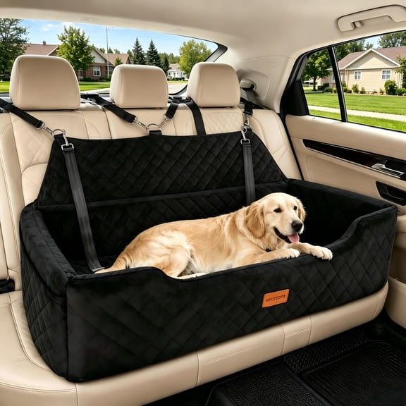 Fehomix Large Dog Car Seat, Memory Foam Back Seat Dog Bed for Medium & Large Dogs up to 100 lb, 4 Safety Leashes, 2 Pockets, Washable Cover, Black