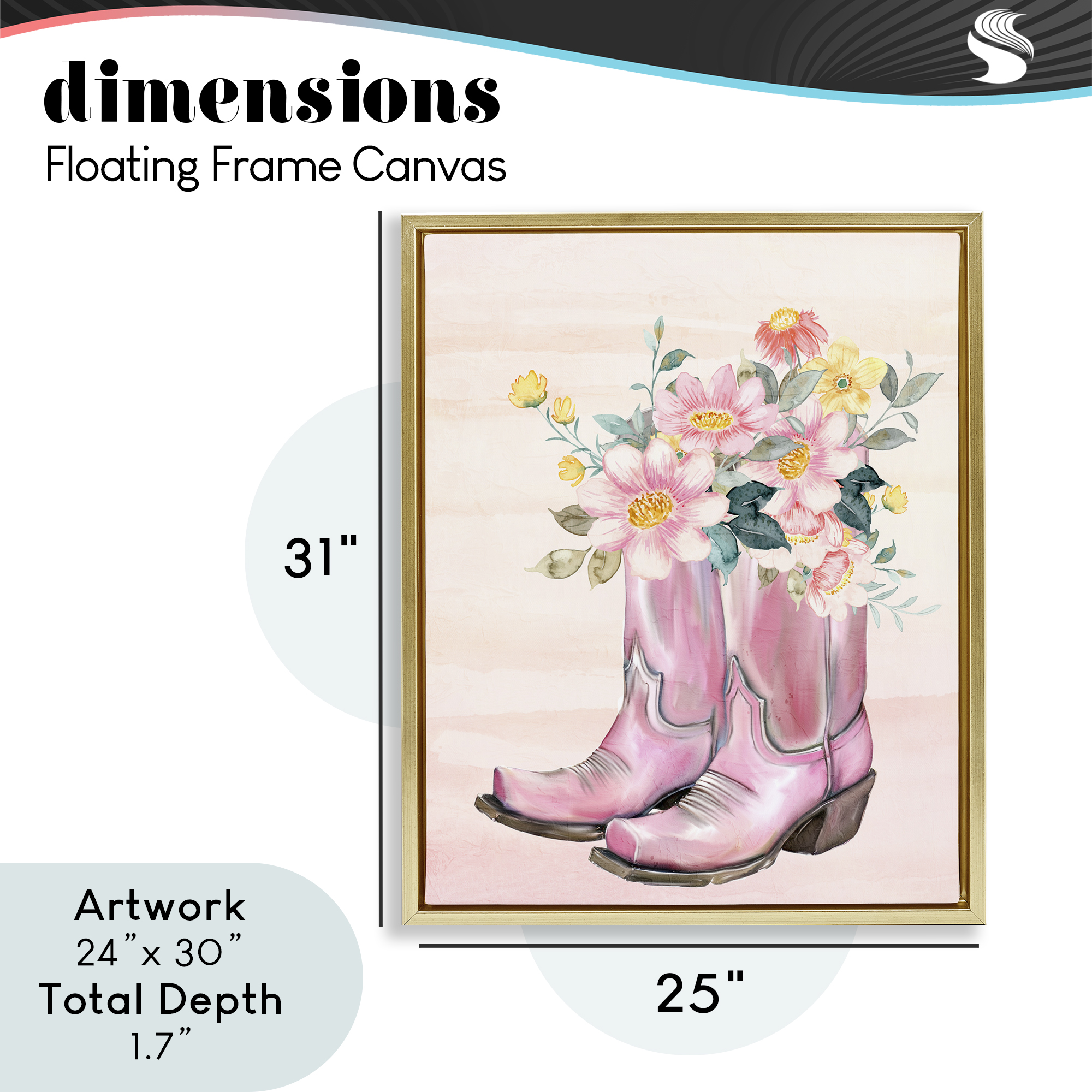 Wildflower Floral Boots Gold Framed Floater Canvas Wall Art, design by Kim Allen