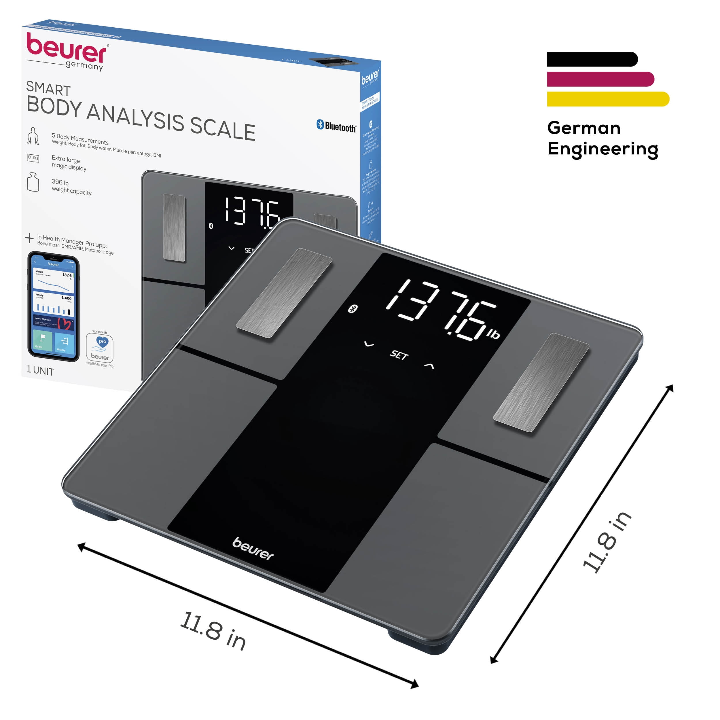 Beurer BF500 Bluetooth Body Weight Scale, Smart Accurate Body Fat Composition Monitor Bathroom Scale