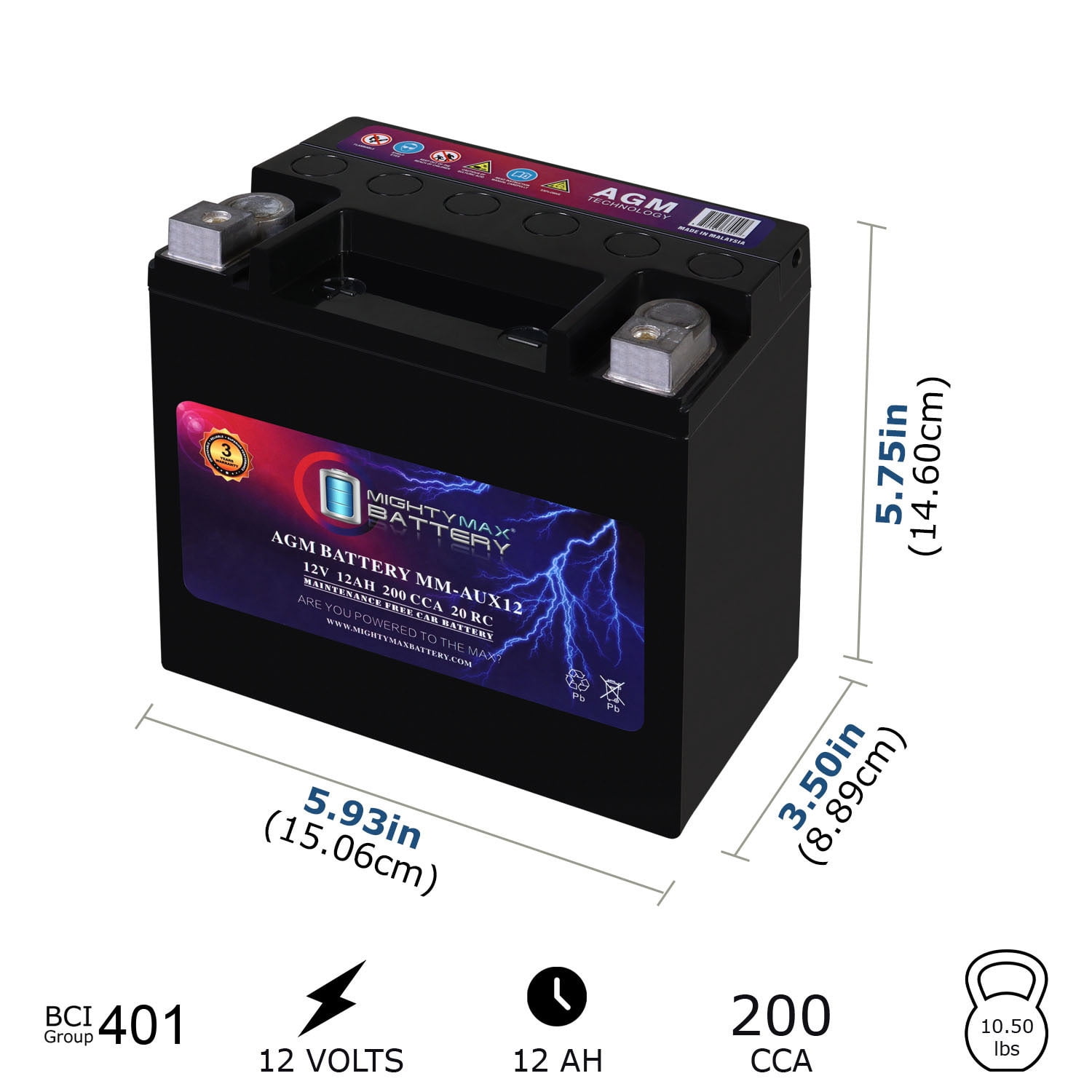 MM-AUX12 Auxiliary Battery 12V 12Ah, 20RC, 200 CCA Rechargeable AGM Car Battery