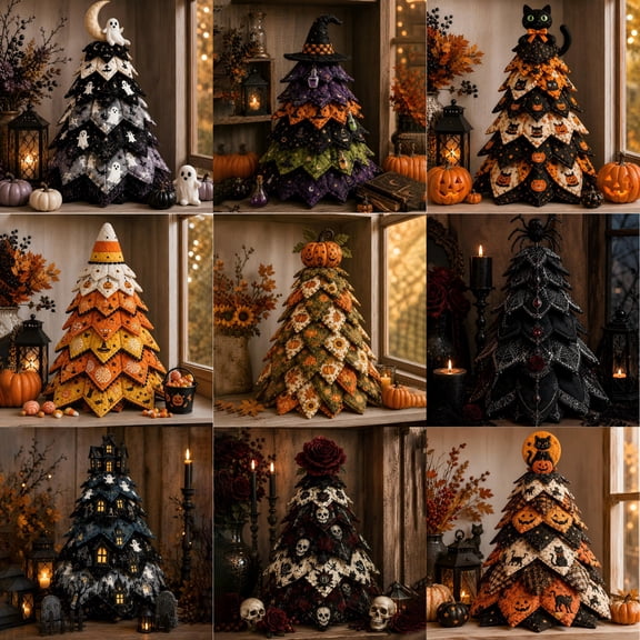DIY Halloween Quilted Fabric Tree Kit 3D Patchwork Seasonal Décor Craft, Includes Materials & Instructions for Beginners, One Size