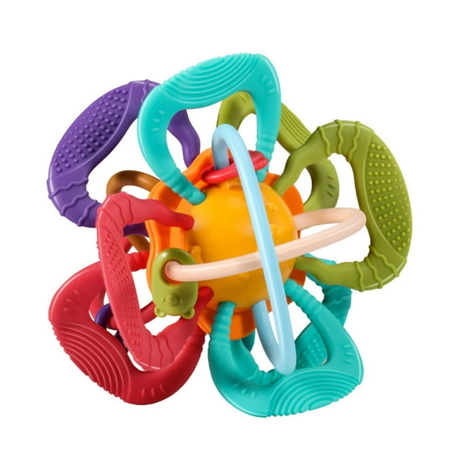 Juguete de dentición para bebés, seguro para alimentos, colorido, masaje de encías, mordedor con agarre para bebés, sonajero