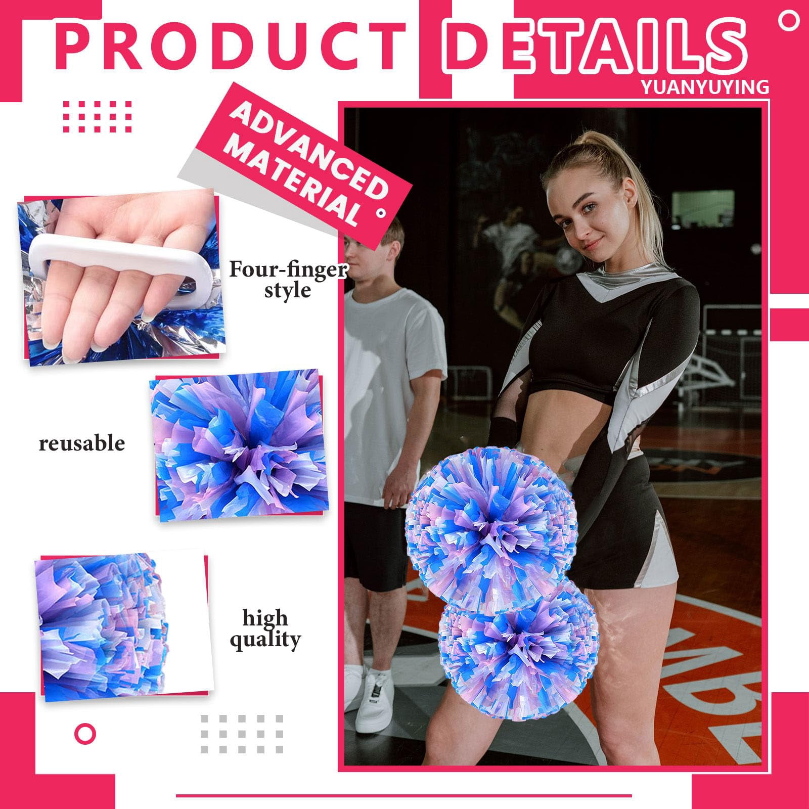 Cheer Pom Poms 22 Pcs Four Finger Handle, Cheerleading Handheld Squad Pompoms for Sports Team Cheer Spirit Games Dance Party Adults