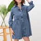 thumbnail image 2 of Vestido clásico con cuello de solapa y manga acampanada para mujer corto vaquero, 2 of 9