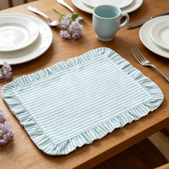 Ruffled Striped Placemats Set, Washable Fabric Rectangular Table Mats for Kitchen Dining, Soft Breathable Table Setting with Cottage Style for Everyday Meals and Gatherings