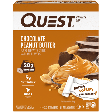 (3 pack) Quest Protein Bar, Chocolate Peanut Butter Flavor, High Protein, Gluten Free, 2.12oz, 4 Count