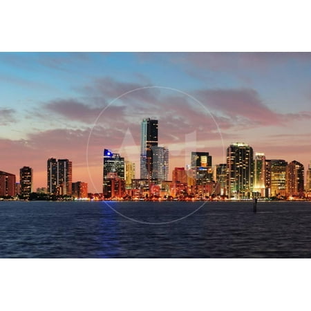 Skyline Skyscrapers (Miami City Skyline Panorama at Dusk with Urban Skyscrapers over Sea with Reflection Print Wall Art By Songquan)