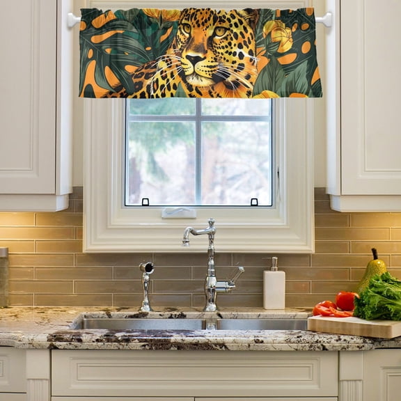 Leopard and Flowers Leaves Curtain Valances Farmhouse Design Window Treatment Decor Blackout Rod Pocket for Windows Living Room Kitchen 54" x 18"