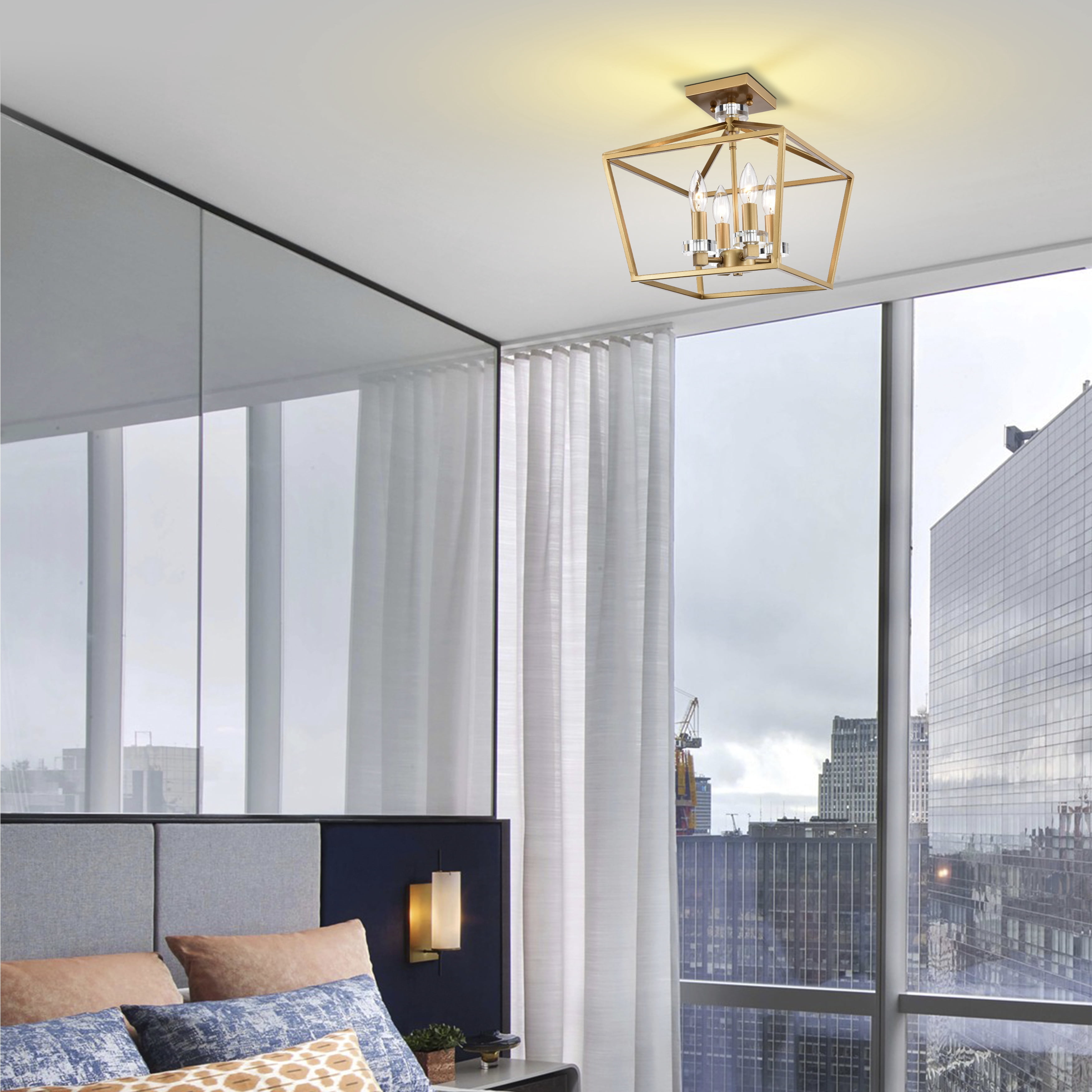 Warehouse of Tiffany Jimmi Matte Gold 4-Light Metal Open Cage Semi-Flush Mount