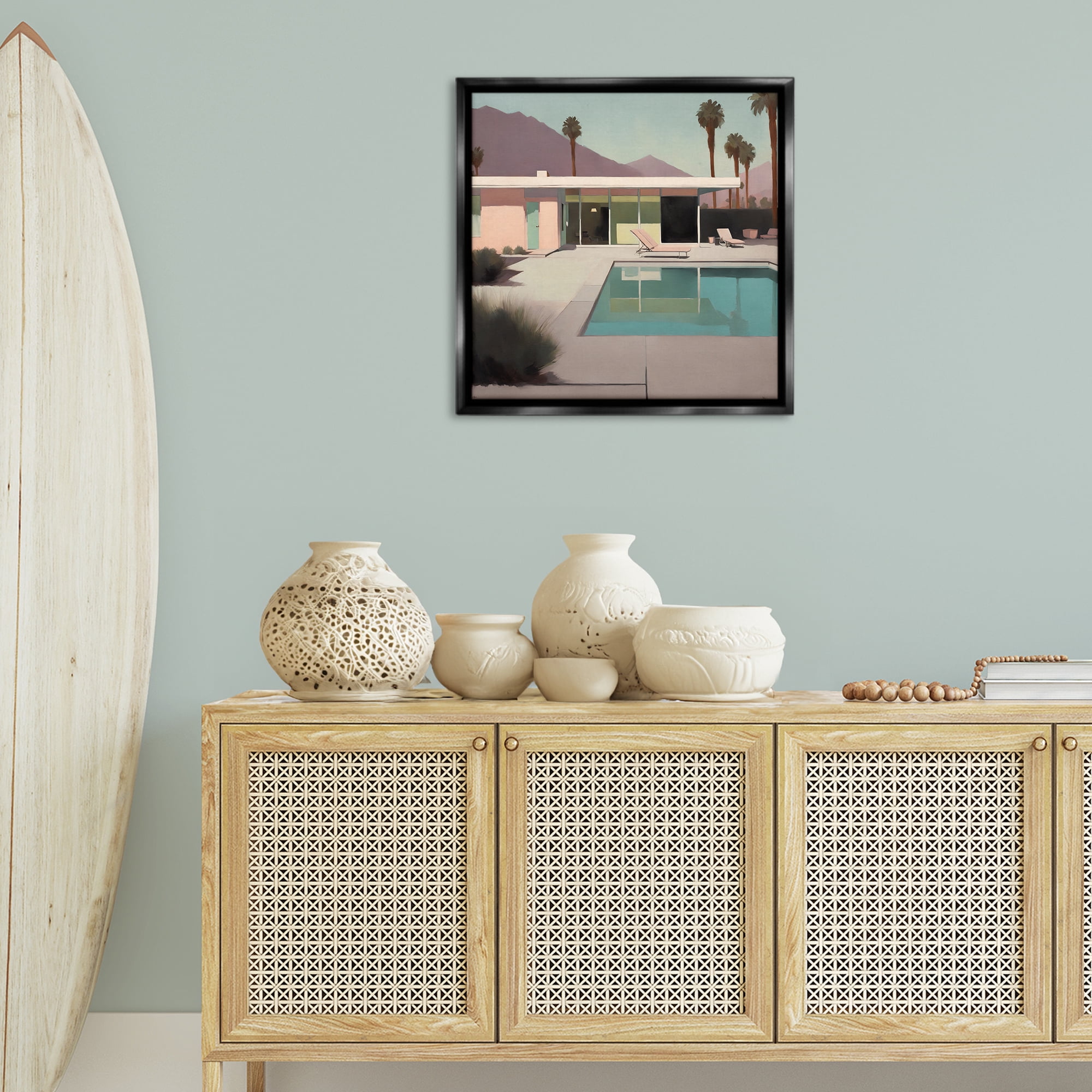 Stupell Industries Californian Pool View Landscape & Nature Painting Black Floater Framed Canvas Art Print Wall Art, 25 x 25