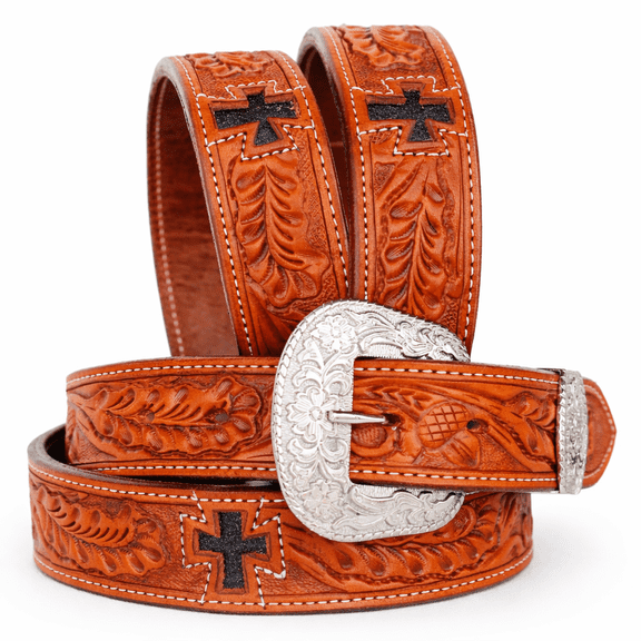 49-50  Men's Women Genuine Hand Tooled Floral Cross Heavy Duty Leather Belt 26RT02