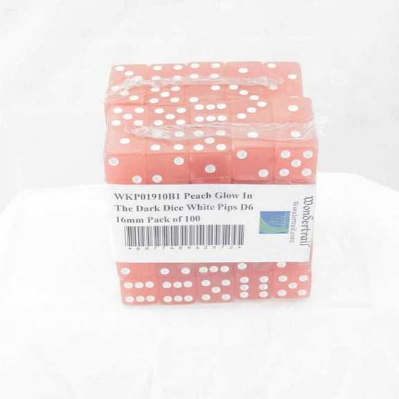 Peach Glow In The Dark Dice with White Pips D6 16mm (5/8in) Pack of 100 Wondertrail