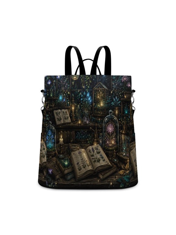 Witch Greenhouse Herbarium Glowing Plant Glass Dome Crescent Moon Night Anti Theft Backpack, Purse for Women, Secure Back Zipper, Multi-Purpose Rucksack Backpack With Adjustable Strap, Wo