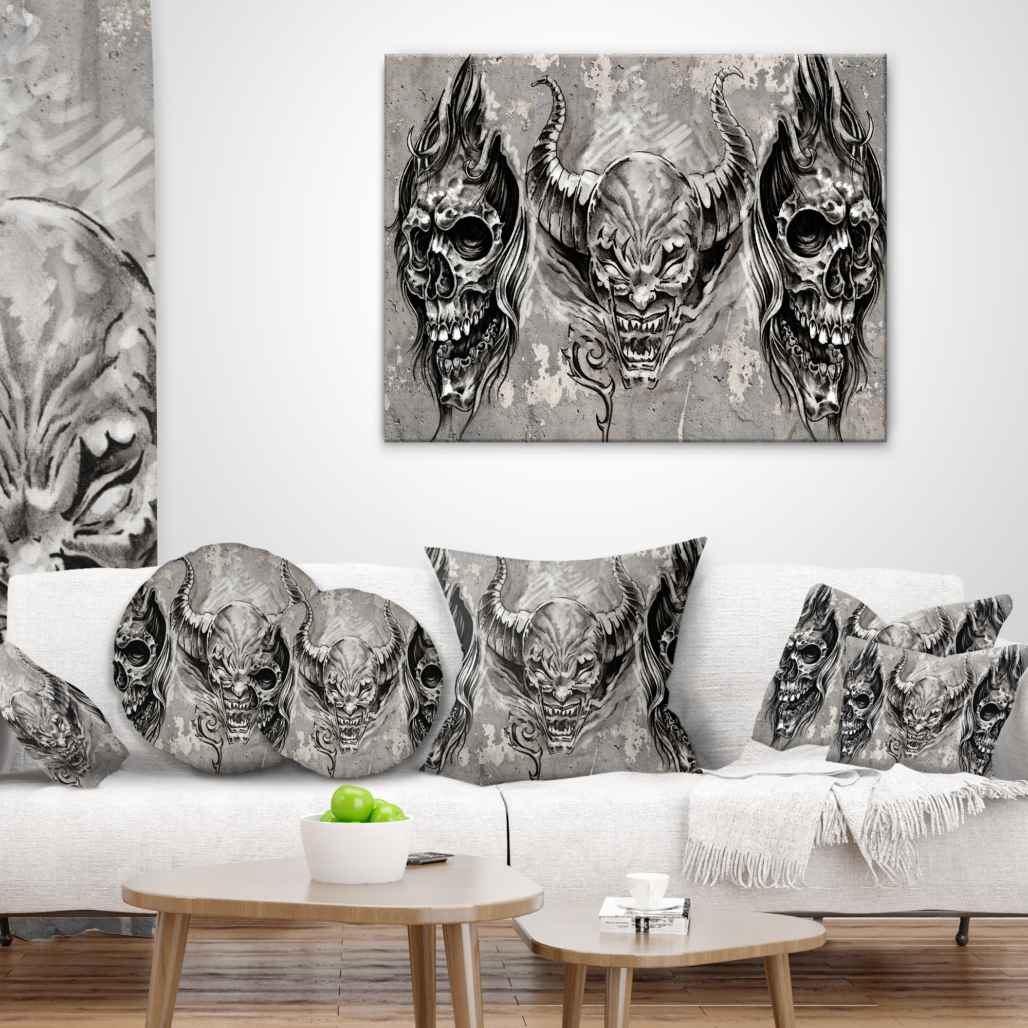 Designart 3 Demons Tattoo Sketch - Abstract Portrait Throw Pillow - 12x20