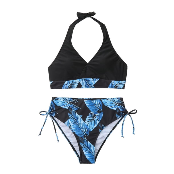 Gibobby Conjunto de Bikini para Mujer Traje de baño Bikini de triángulo dividido para mujer Conjunto de traje de baño de color sólido estampado(Azul,M)