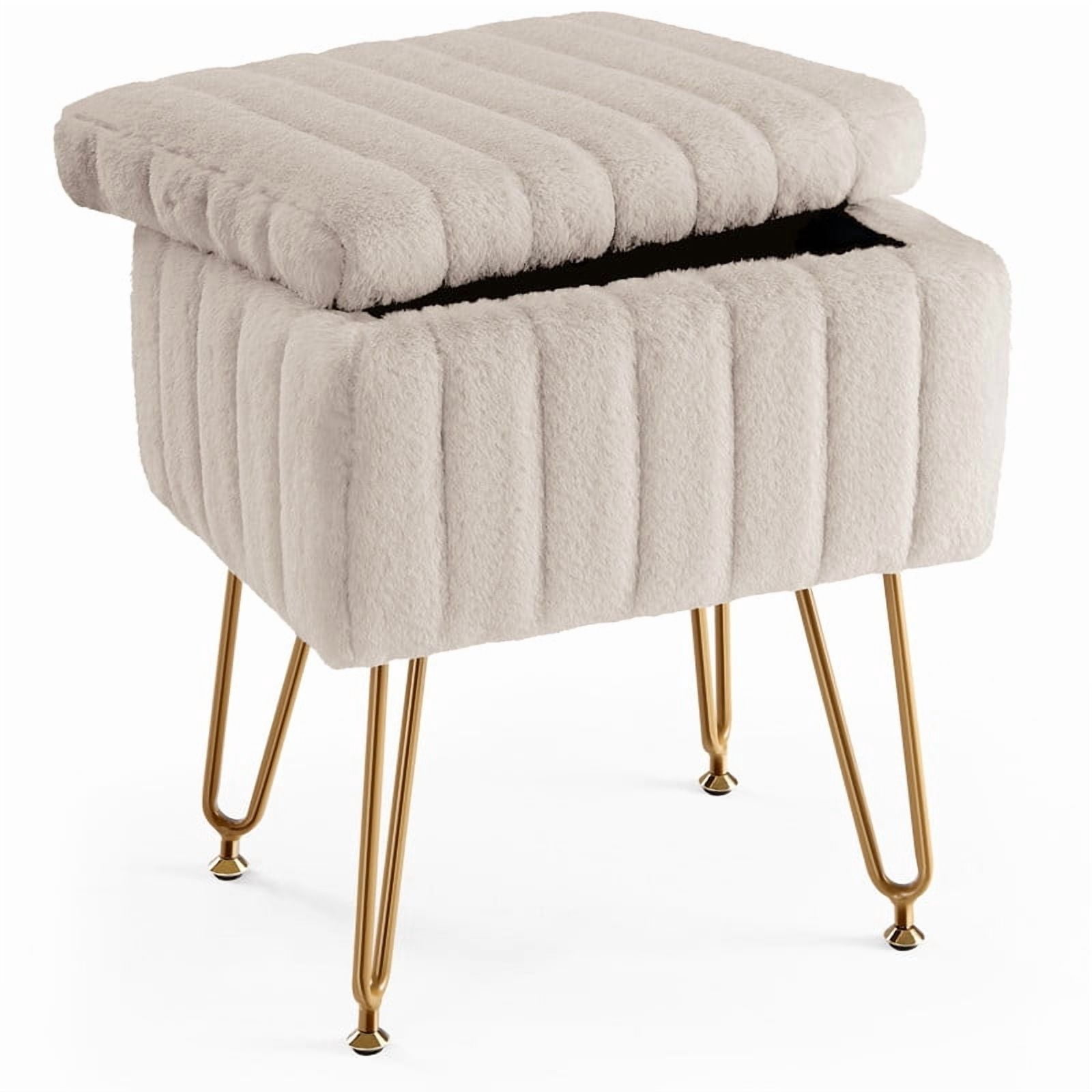 BEAUTYPEAK Vanity Stool with Storage Faux Fur Padded Makeup Ottoman with Gold Metal Legs and Adjustable Feet 18.9" Footstool, Camel