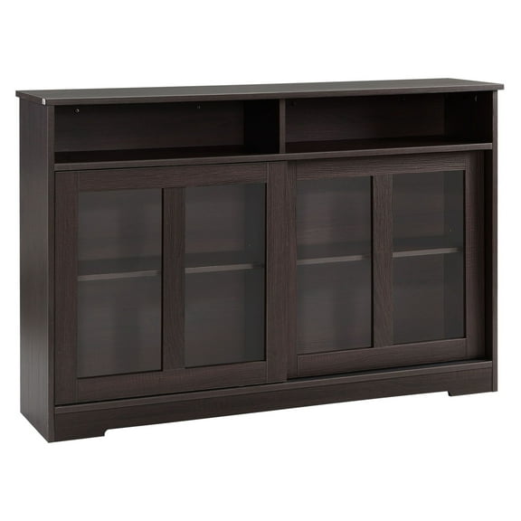 SAZYY Modern Kitchen Buffet Cabinet, Dark Brown Storage Sideboard with Sliding Glass Doors & Adjustable Shelf