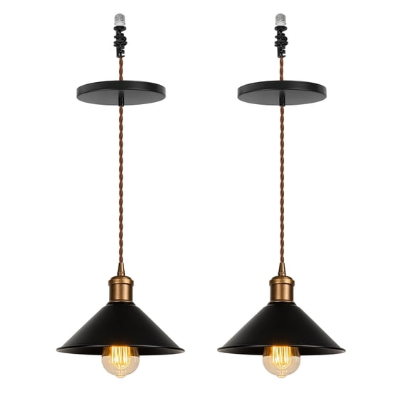 KAYYELAMP Set of Two Black Metal Lampshade Hanging Lamp Fixture E26 Copper Base Adjustable Height Droplight Vintage Design Pendant Light for Kitchen Island Home