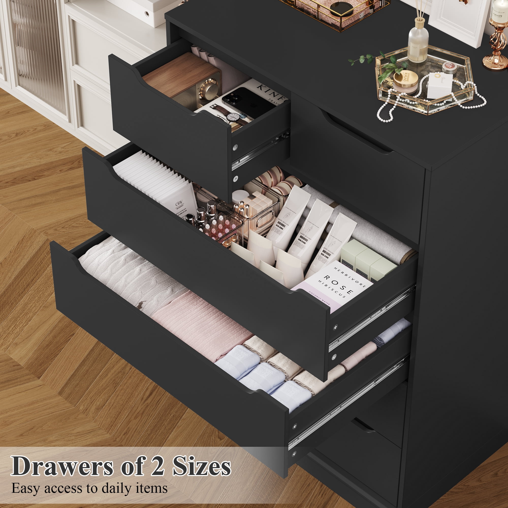 Homfa 6 Drawer Black Dresser, 43.3" H Wood Storage Cabinet with Upgraded Stable Base Vertical Chest for Bedroom Living Room