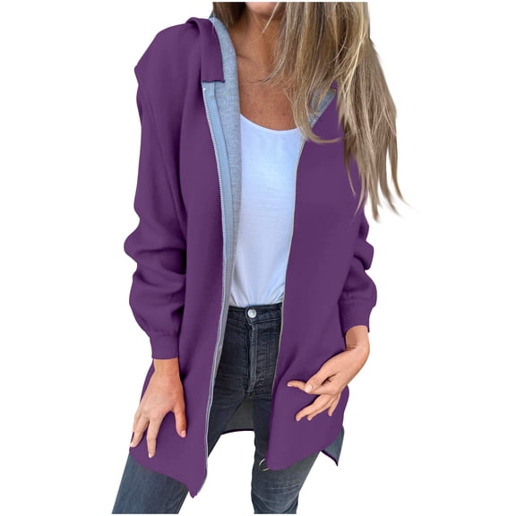 XPMWRP Women's Oversized Zip Up Hooded Jacket Solid Color Long Sleeved Casual Coats Winter Warm Trendy Mid Length Jacket Purple XXXXL