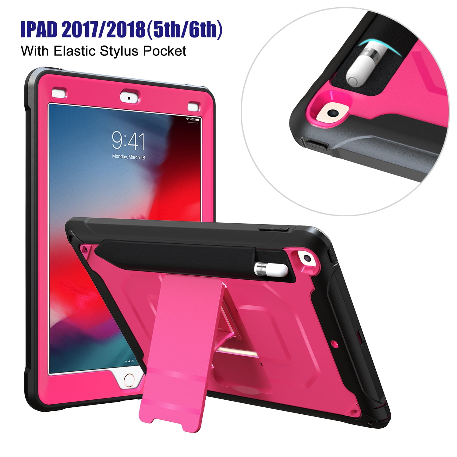Allytech iPad Mini 5 Case, iPad Mini 4 Case, Dual Layers Full Protection Shockproof Pencil Holder Kids Friendly Shoulder Strap Kickstand Defender Case Cover for Apple iPad mini 5 / mini 4, Rose