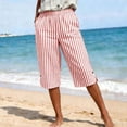 thumbnail image 4 of hoksml Women's Striped Elastic Waist Capri Pants - Cotton Linen Blend with Side Slits and Pockets, 4 of 9