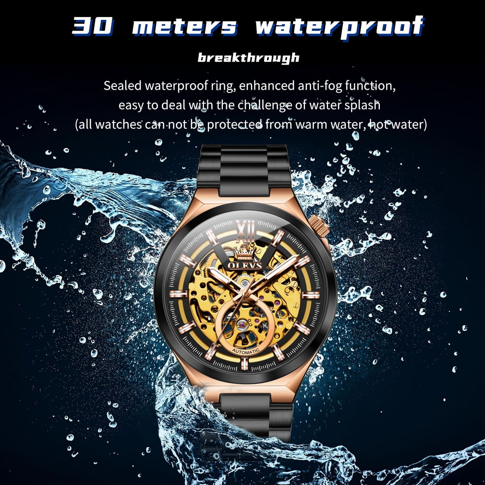 OLEVS Skeleton Watches for Men Luxury Dress Automatic Self Winding Mechanical Gold Plated Stainless Steel Waterproof Luminous Business Men Wrist Watch Reloj Para Hombre