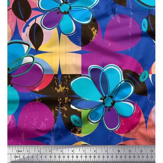 Soimoi Velvet Fabric Colorful Flowers Clip Art Print Sewing Fabric Yard 58 Inch Wide